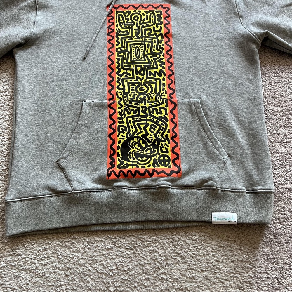 Diamond Supply Mickey Mouse X Keith Haring Hoodie Mens Large Gray Graphic Fleece - Picture 3 of 15